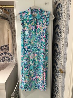 Lilly Pulitzer Aqua Palm Print Sleeveless Polo Dress with Pink & Blue Accents